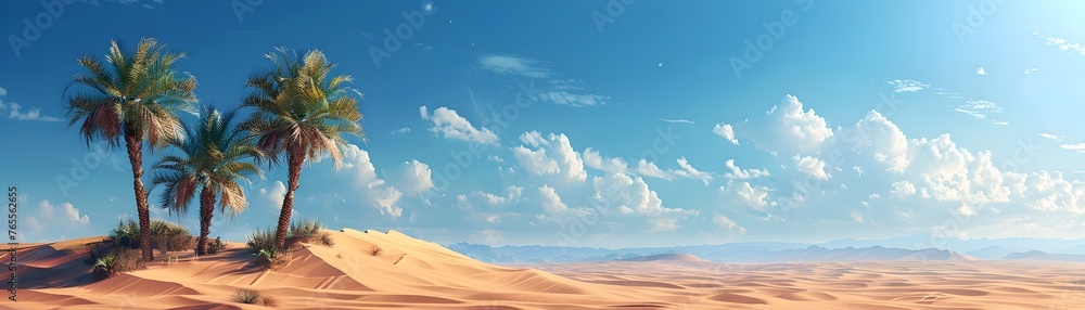 Serene Palm Oasis in the Heart of the Shimmering Desert Landscape - obrazy, fototapety, plakaty 
