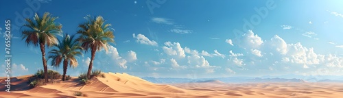 Serene Palm Oasis in the Heart of the Shimmering Desert Landscape © Wuttichai