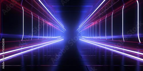 A blue and purple background with a neon light, Portal of beautiful neon lights with glowing purple and blue lines in a tunnel, Neon Tunnel In The Shape Of A Cross, Generative AI