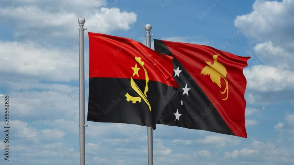 Papua New Guinea and Angola two flags waving together, looped video, two country relations concept Papua New Guinea and Angola two flags waving together, looped video, two country relations concept