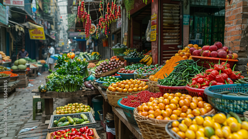 A bustling summer street market with colorful stalls overflowing with fresh fruits. Generative ai