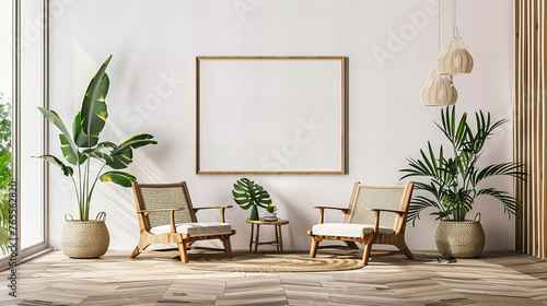 Contemporary Living Room with White Wall and Wooden Floor, Scandinavian Design, Blank Poster Frame