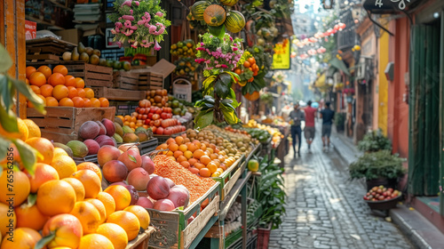 A bustling summer street market with colorful stalls overflowing with fresh fruits. Generative ai © Narong