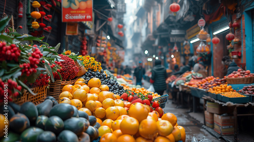 A bustling summer street market with colorful stalls overflowing with fresh fruits. Generative ai