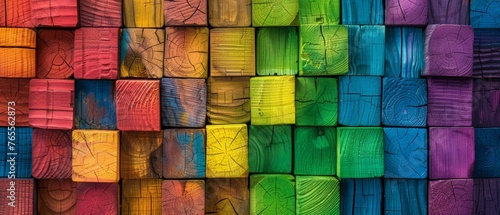 Colorful wooden background with wood blocks in rainbow colors, wooden wall texture. Wood art background with copy space for your text or artwork