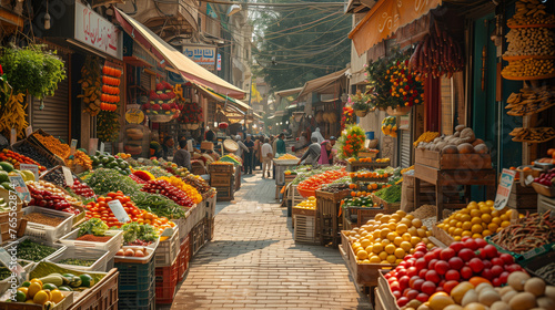 A bustling summer street market with colorful stalls overflowing with fresh fruits. Generative ai