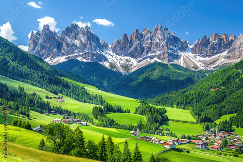 A picturesque view of the Dolomites in Italy  showcasing green meadows and small villages nestled among majestic peaks