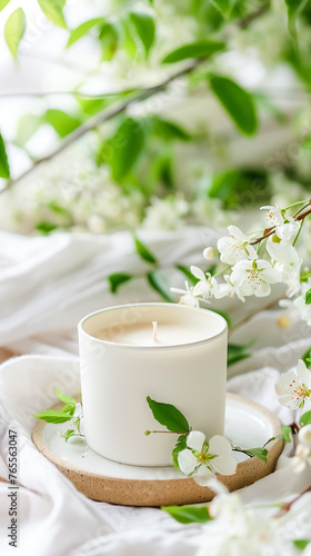 Lit candle surrounded by fresh white blossoms on a ceramic plate, capturing the essence of spring and renewal, perfect for home decor and relaxation.