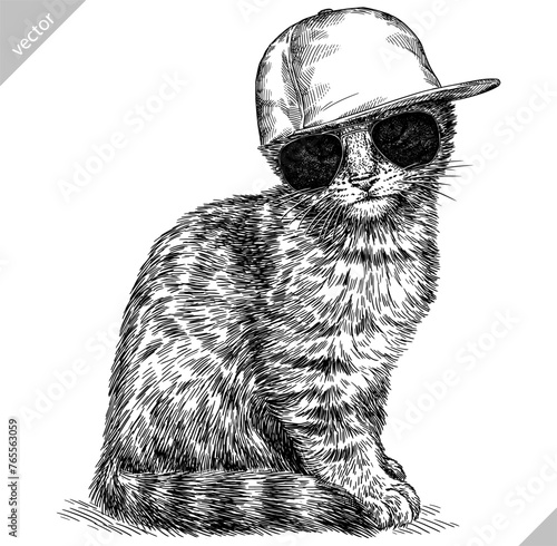 Vintage engraving isolated cat glasses dressed fashion set illustration kitty ink sketch. Pet background kitten silhouette whisker sunglasses hipster hat art. Black and white hand drawn vector image