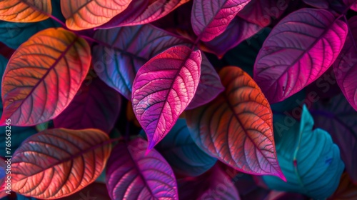Neon colored leaves close up, texture and vibrant hues create a vibrant backdrop
