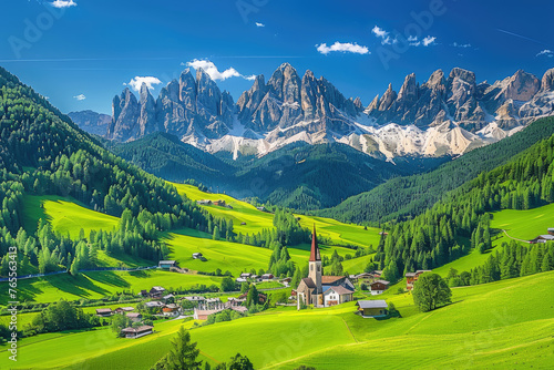 A picturesque view of the Dolomites in Italy, showcasing green meadows and small villages nestled among majestic peaks
