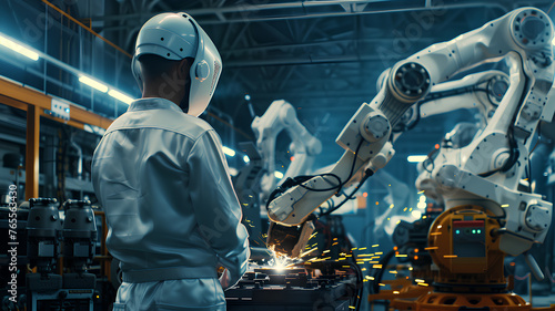 Engineer Overseeing Automated Robotic Arms in Manufacturing
. A professional engineer monitors robotic arms performing precision welding tasks on an assembly line in an industrial environment.
