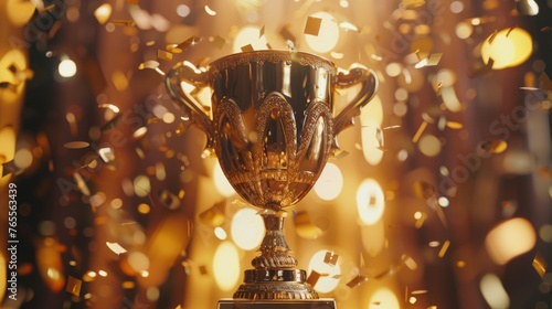 3D rendering of a golden cup surrounded by falling golden confetti