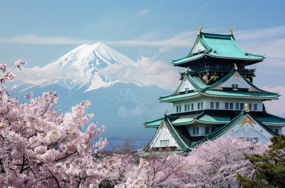 A beautiful Japanese castle surrounded by cherry blossoms with Mount Fuji in the background, vibrant colors