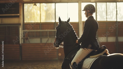 Jockey sits confidently on a horse and undergoes training in the arena
