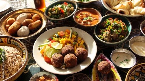 Arabic Cuisine: Middle Eastern traditional breakfast, It's also Ramadan "Suhoor". Egyptian Breakfast - Beans; foul and falafel