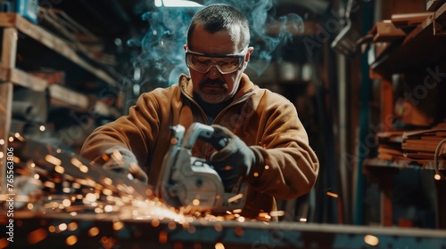 A man in safety glasses and gloves cuts a piece of steel in a workshop with a metal saw © AlfaSmart