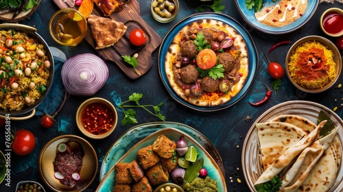 Arabic Cuisine: Middle Eastern traditional lunch. Ramadan "Iftar" . The Meal eaten by Muslims after sunset during Ramadan. Assorted of Egyptian oriental dishes. Top view with space