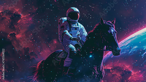 Cosmonaut in space riding a horse