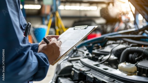 Mechanic holding clipboard with checklist while inspecting car engine during service
