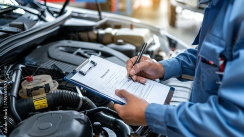 Mechanic holding clipboard with checklist while inspecting car engine during service © AlfaSmart