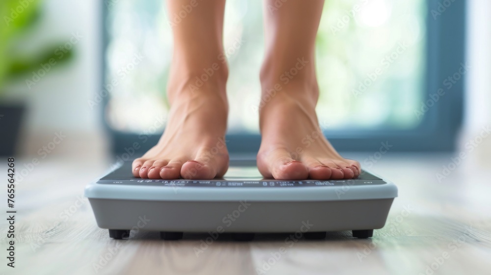 Fototapeta premium Close-up of a woman's bare feet standing on a digital scale