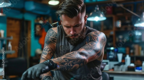 Shirtless tattoo artist in modern tattoo parlor