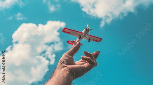 Close-up of a man's hand releasing a toy airplane into the air against a clear blue sky
