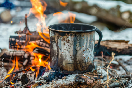 Metal mug with tea or coffee at a campfire