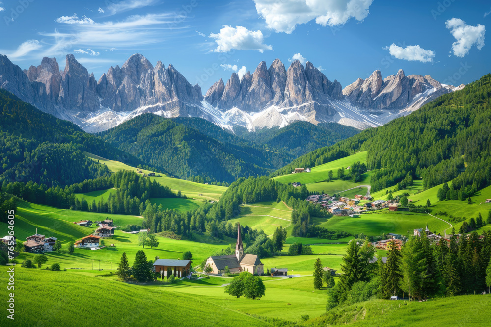 A picturesque landscape of the Dolomites in Italy, showcasing green pastures and charming villages nestled among snowcapped peaks under clear blue skies