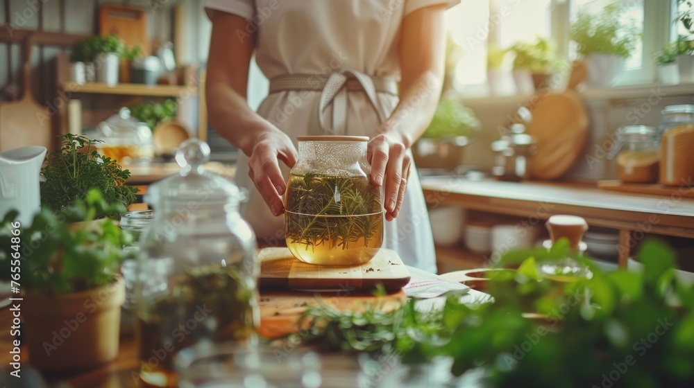 A woman is preparing a tea in a glass jar. The kitchen is filled with various herbs and spices, including a large amount of parsley
