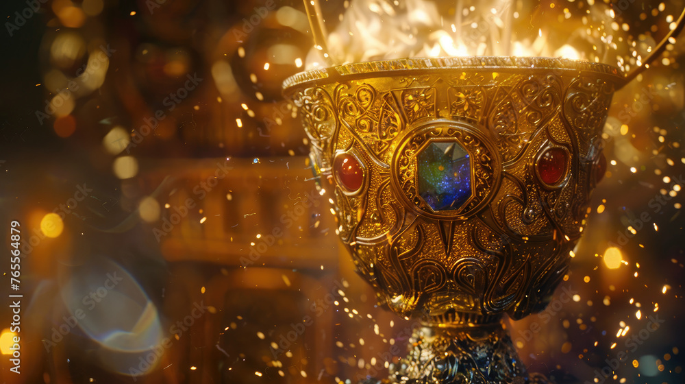 A golden, ornate cup adorned with ancient runes and shimmering gems