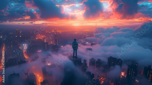 Dreamer overlooking a city shrouded in clouds and bathed in sunrise colors from a high vantage point
