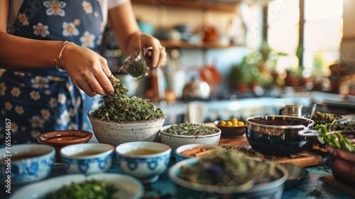 A woman is preparing a meal in a kitchen with various bowls and a spoon. Scene is calm and focused, as the woman carefully measures out ingredients for her dish photo