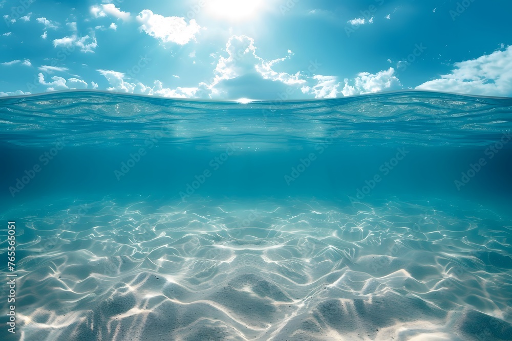 Fototapeta premium Sandy Serenity: Ethereal Seascape Unveiling the Hidden Beauty of the Ocean Floor, Seamlessly Blending with the Endless Canvas of the Sky, Creating a Scene of Sublime Tranquility