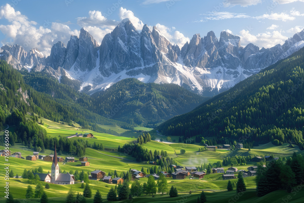 A picturesque landscape of the Dolomites in Italy, showcasing green pastures and charming villages nestled among snowcapped peaks under clear blue skies