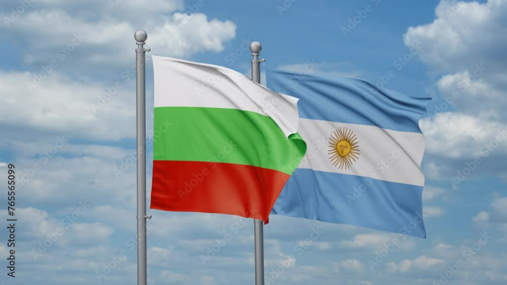 Argentina and Bulgaria two flags waving together, looped video, two country relations concept Argentina and Bulgaria two flags waving together, looped video, two country relations concept
