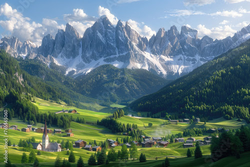 A picturesque landscape of the Dolomites in Italy  showcasing green pastures and charming villages nestled among snowcapped peaks under clear blue skies