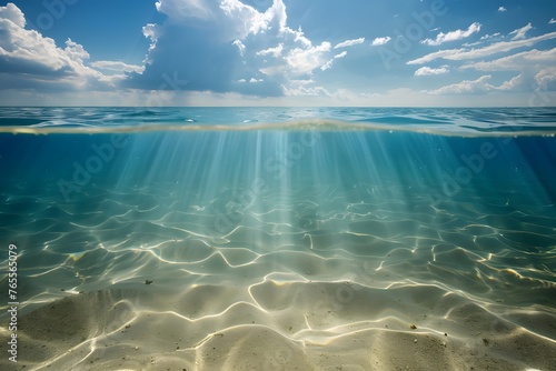 Skyward Symphony: Ethereal Seascape Showcasing the Hidden Beauty of the Sandy Ocean Floor, Effortlessly Connecting with the Infinite Sky, Inspiring Awe and Wonder