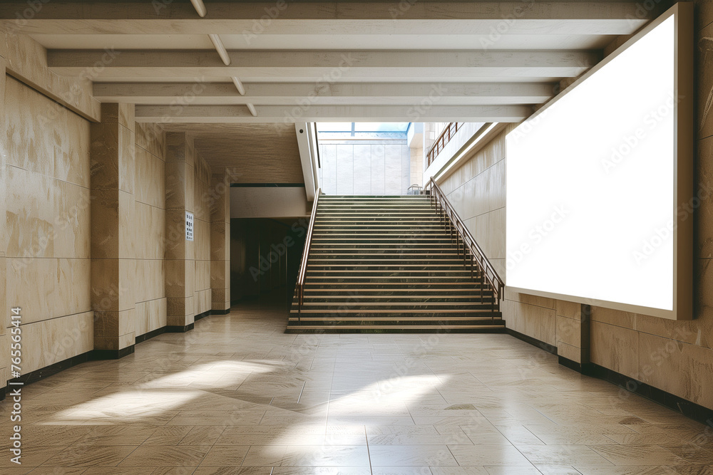 Fototapeta premium Empty billboard in the hallway near the stairs