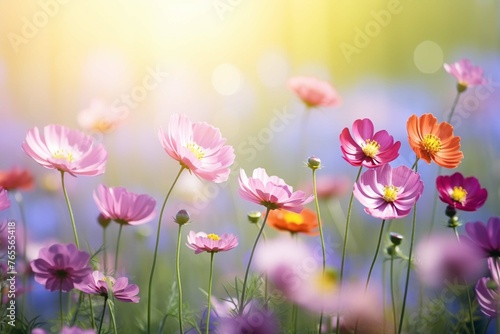 Colorful flower meadow with sunbeams