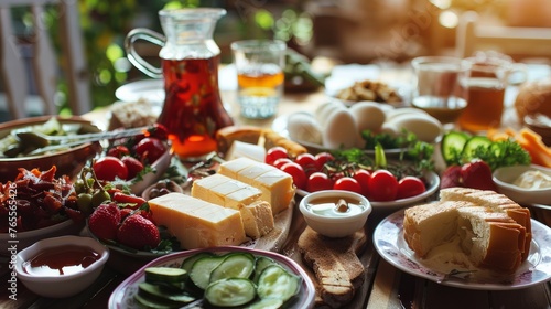 Delicious rich Traditional Turkish breakfast include tomatoes, cucumbers, cheese, butter, eggs, honey, bread, bagels, olives and tea cups. Ramadan Suhoor aka Sahur (morning meal before fasting). photo