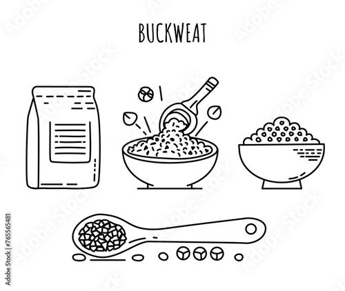 Buckweat icons set. Hand drawn line icons of buckweat grain pack, buckweat porridge in bowl on white background