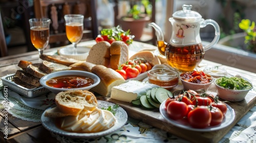 Delicious rich Traditional Turkish breakfast include tomatoes, cucumbers, cheese, butter, eggs, honey, bread, bagels, olives and tea cups. Ramadan Suhoor aka Sahur (morning meal before fasting).