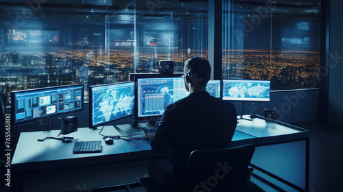 IT Technical Support Specialists, Financial Analysts and Day Traders Working on a Computers with Multi-Monitor Workstations with Real-Time Stocks, Commodities and Exchange Market Charts. 