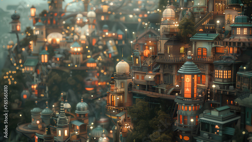 Enchanting Twilight in a Steampunk Cityscape . A captivating scene of a steampunk-inspired cityscape bathed in the warm glow of twilight  with intricate architecture and ambient lights. 