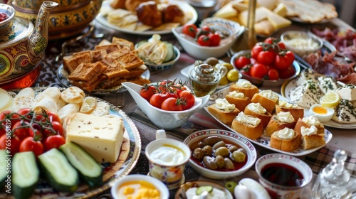 Delicious rich Traditional Turkish breakfast include tomatoes, cucumbers, cheese, butter, eggs, honey, bread, bagels, olives and tea cups. Ramadan Suhoor aka Sahur (morning meal before fasting).