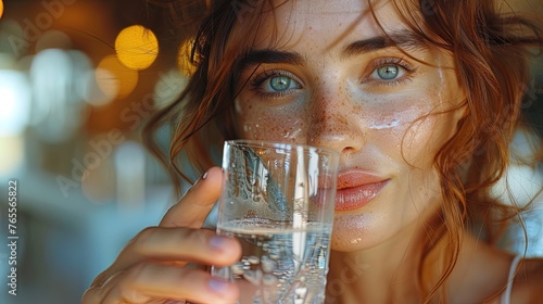 Relaxed atmosphere as a young woman quenches her thirst with a sip of water from a glass, promotin