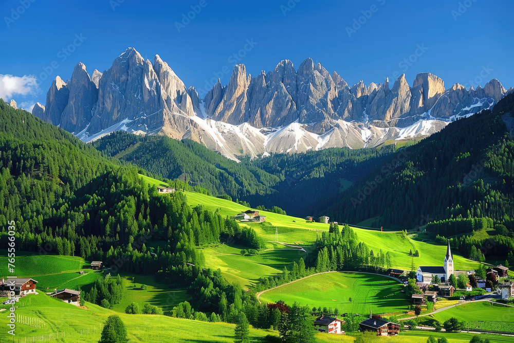 A picturesque view of the Dolomites in Italy, showcasing green meadows and small villages nestled between majestic mountains under clear blue skies