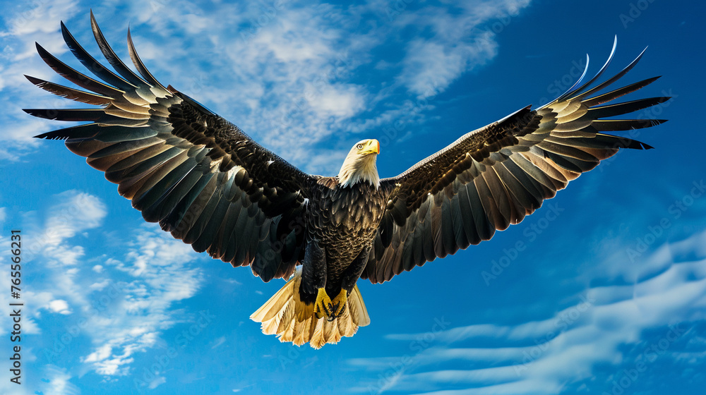Obraz premium Adult White-tailed eagle in flight. Blue sky background, AI Generative.
